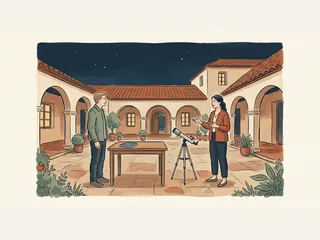 Una investigadora y un visitante conversan junto a un telescopio en un patio al anochecer.