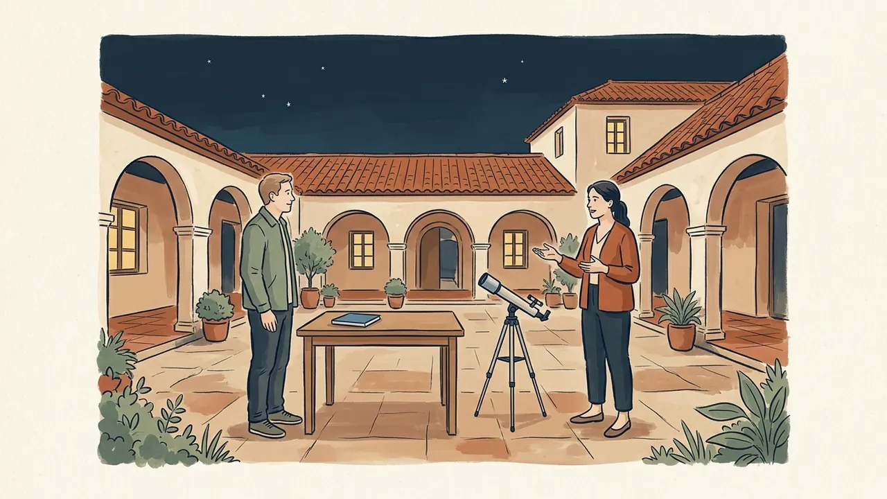 Una investigadora y un visitante conversan junto a un telescopio en un patio al anochecer.