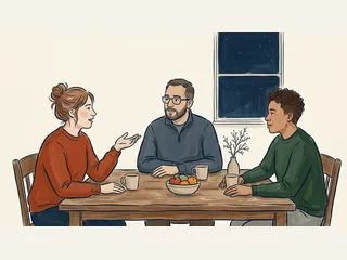 Tres personas conversan junto a tazas, fruta y una rama decorativa en una mesa, con un cielo nocturno al fondo.