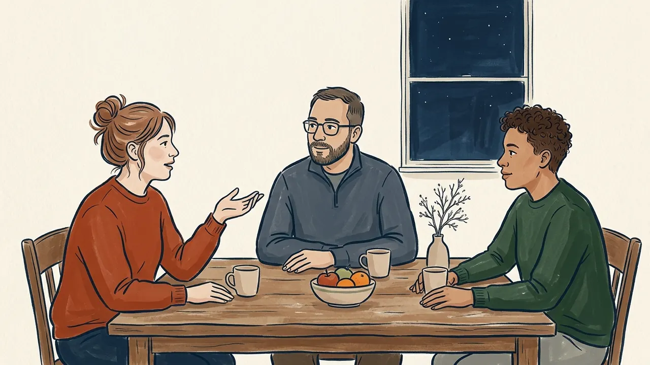 Tres personas conversan junto a tazas, fruta y una rama decorativa en una mesa, con un cielo nocturno al fondo.