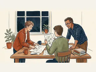 Tres personas adultas comparten dibujos originales de paisajes y formas vegetales junto a una ventana nocturna.