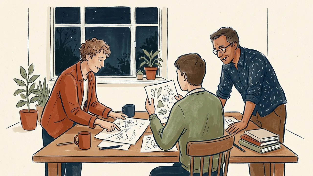 Tres personas adultas comparten dibujos originales de paisajes y formas vegetales junto a una ventana nocturna.
