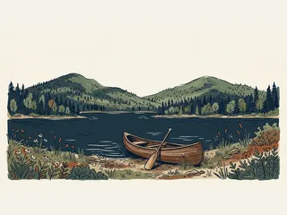 Canoa y remo junto a un lago rodeado de montañas y bosque.