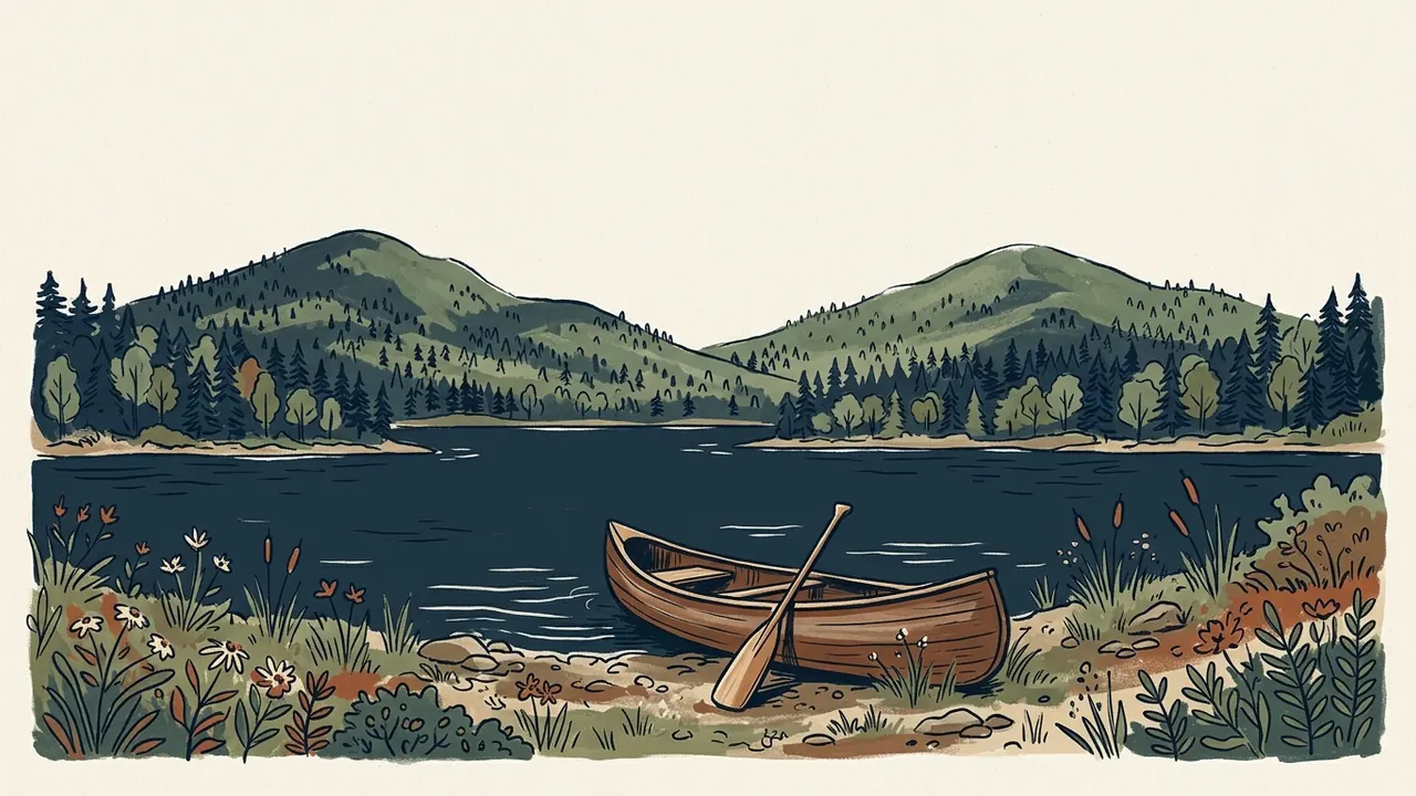 Canoa y remo junto a un lago rodeado de montañas y bosque.