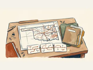Un mapa de la silueta de Oklahoma aparece sobre una mesa con carpetas y tarjetas de cronología abstracta.