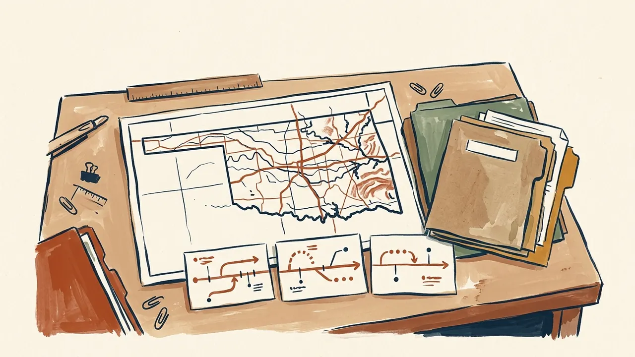 Un mapa de la silueta de Oklahoma aparece sobre una mesa con carpetas y tarjetas de cronología abstracta.
