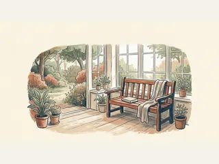Un banco vacío con un libro cerrado se sitúa junto a una ventana abierta hacia un jardín.