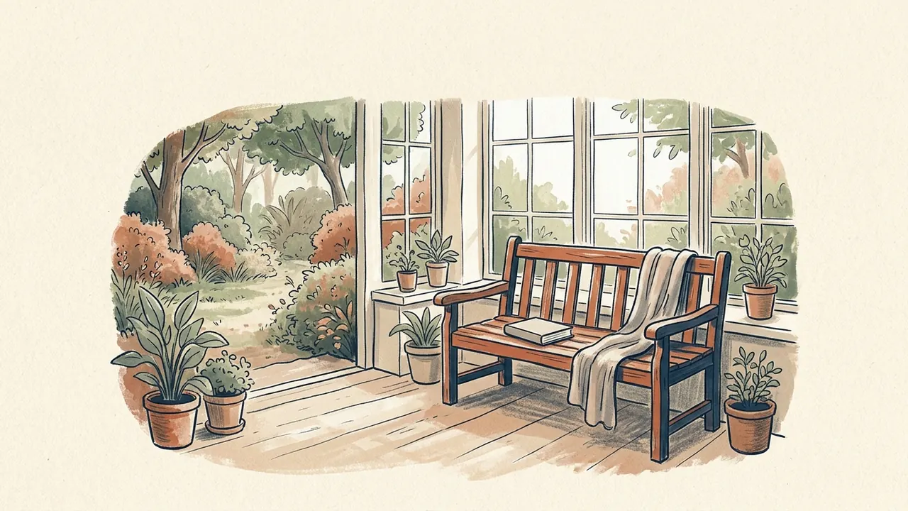 Un banco vacío con un libro cerrado se sitúa junto a una ventana abierta hacia un jardín.