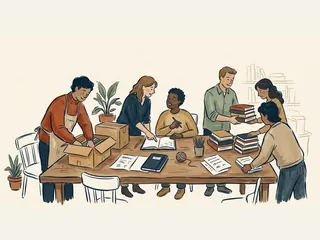 Un equipo organiza libros, cajas y cuadernos para un proyecto comunitario alrededor de una mesa.