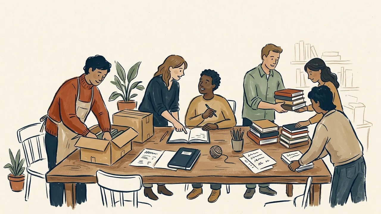 Un equipo organiza libros, cajas y cuadernos para un proyecto comunitario alrededor de una mesa.
