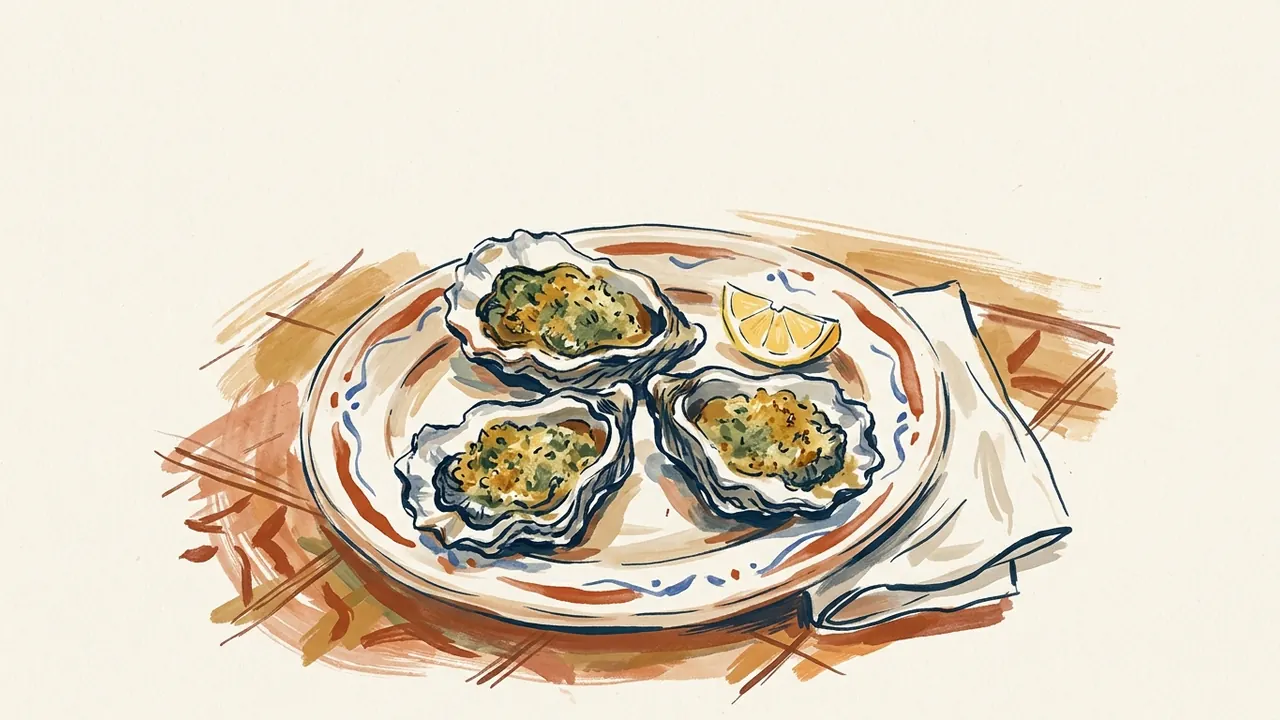 Tres ostras cocinadas en media concha sobre un plato decorado, con limón y servilleta.