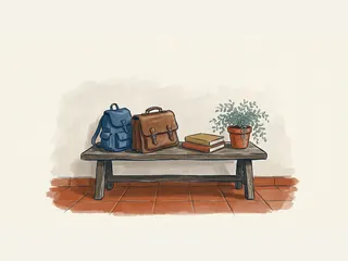 Mochila, cartera de trabajo, libros y una planta sobre un banco de madera.
