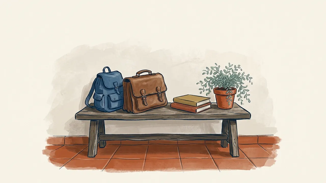 Mochila, cartera de trabajo, libros y una planta sobre un banco de madera.