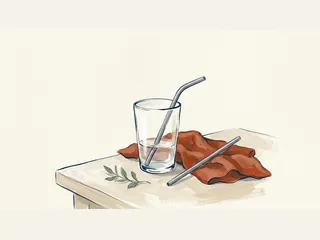 Vaso de agua con una pajita metálica curva y otra recta sobre un paño.