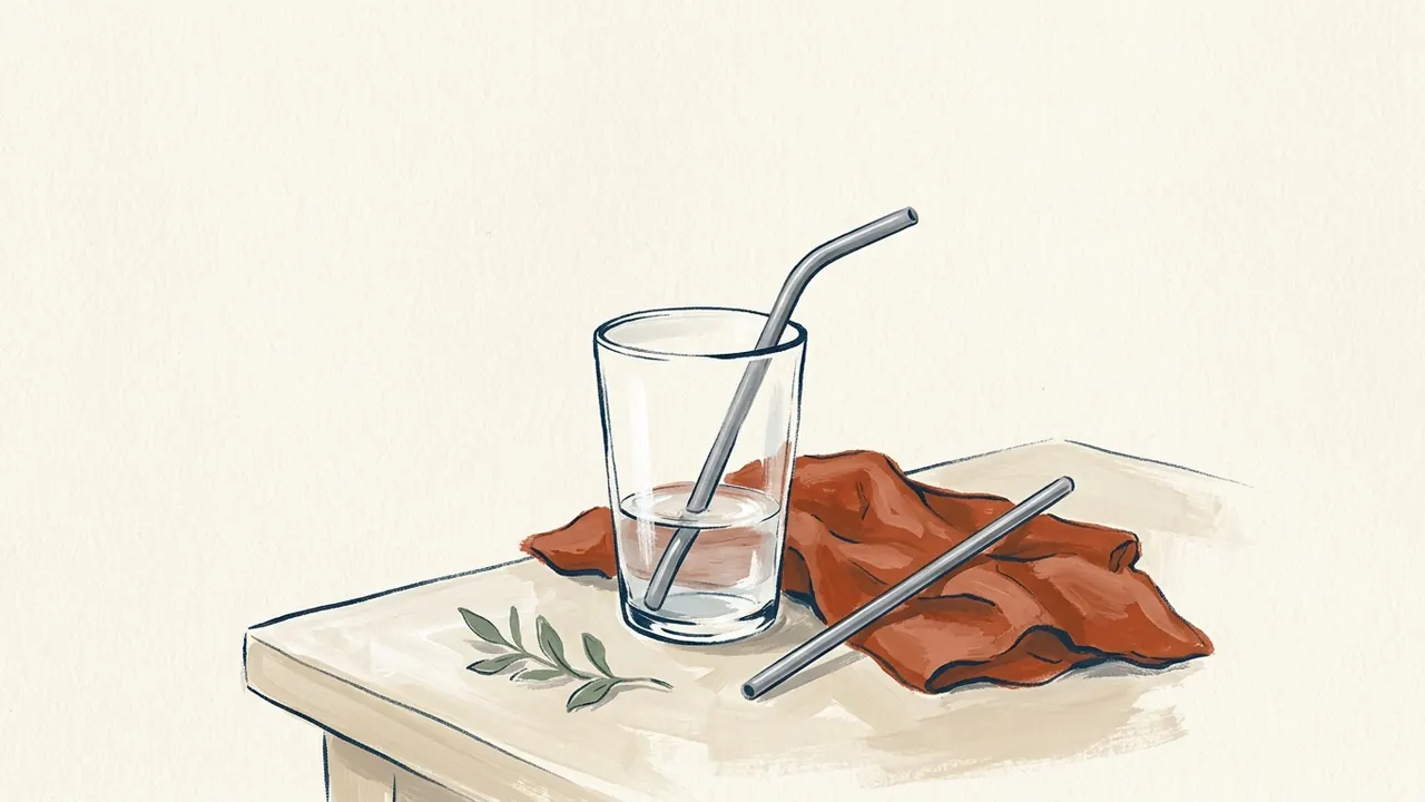 Vaso de agua con una pajita metálica curva y otra recta sobre un paño.