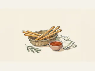 Palitos de pan en una cesta junto a un cuenco de salsa.