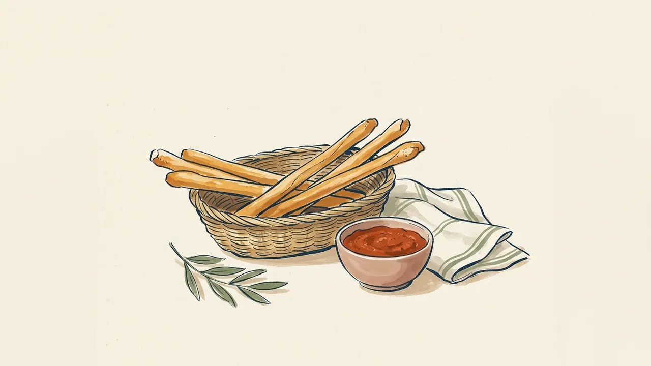 Palitos de pan en una cesta junto a un cuenco de salsa.