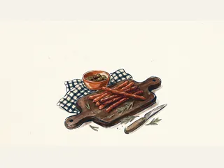 Varios palitos de embutido descansan sobre una tabla de madera junto a aceitunas y un cuchillo.