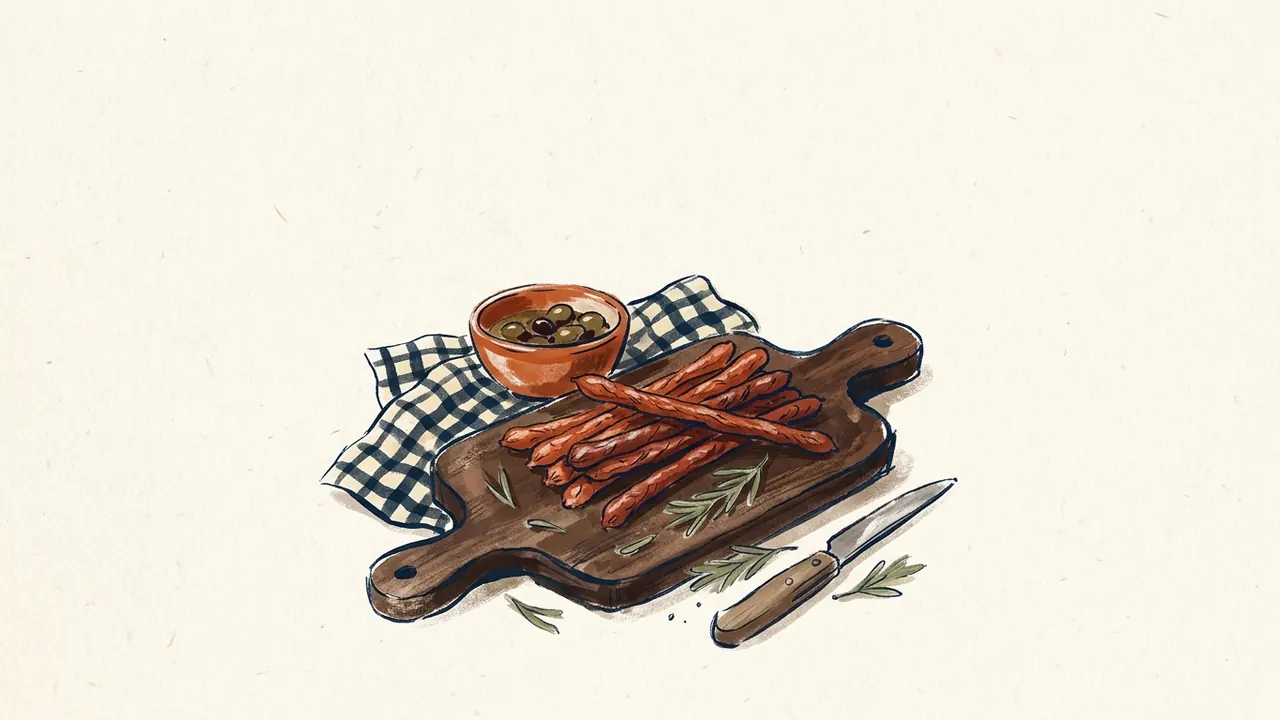 Varios palitos de embutido descansan sobre una tabla de madera junto a aceitunas y un cuchillo.