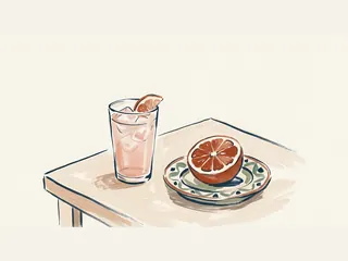 Vaso con bebida rosa, hielo y una cuña de pomelo junto a medio pomelo en un plato.
