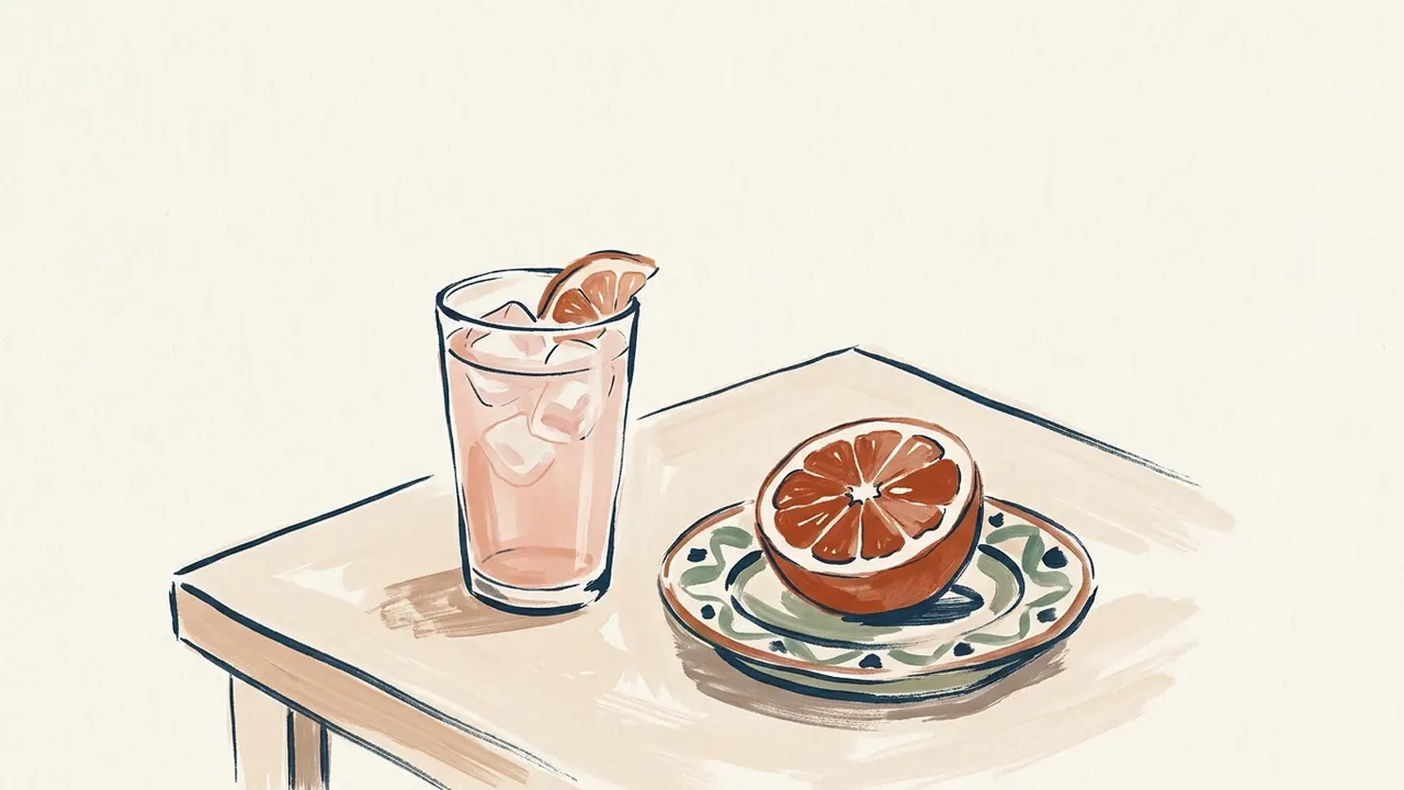 Vaso con bebida rosa, hielo y una cuña de pomelo junto a medio pomelo en un plato.