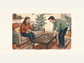 Dos amigos comparten palomitas junto a un juego de mesa.