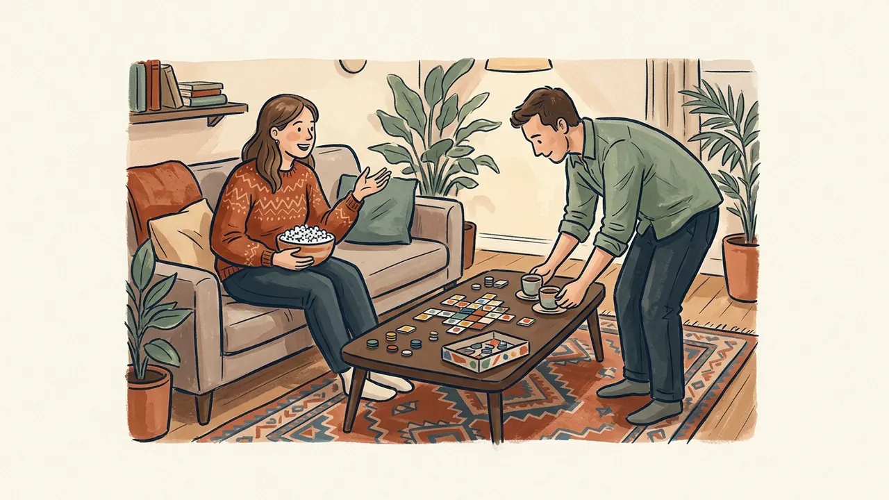 Dos amigos comparten palomitas junto a un juego de mesa.