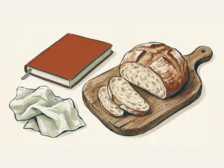 Una hogaza de pan y dos rebanadas sobre una tabla junto a un paño y un recetario cerrado.