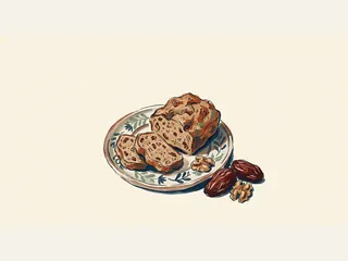 Pan de dátiles y nueces con dos rebanadas sobre un plato de cerámica.