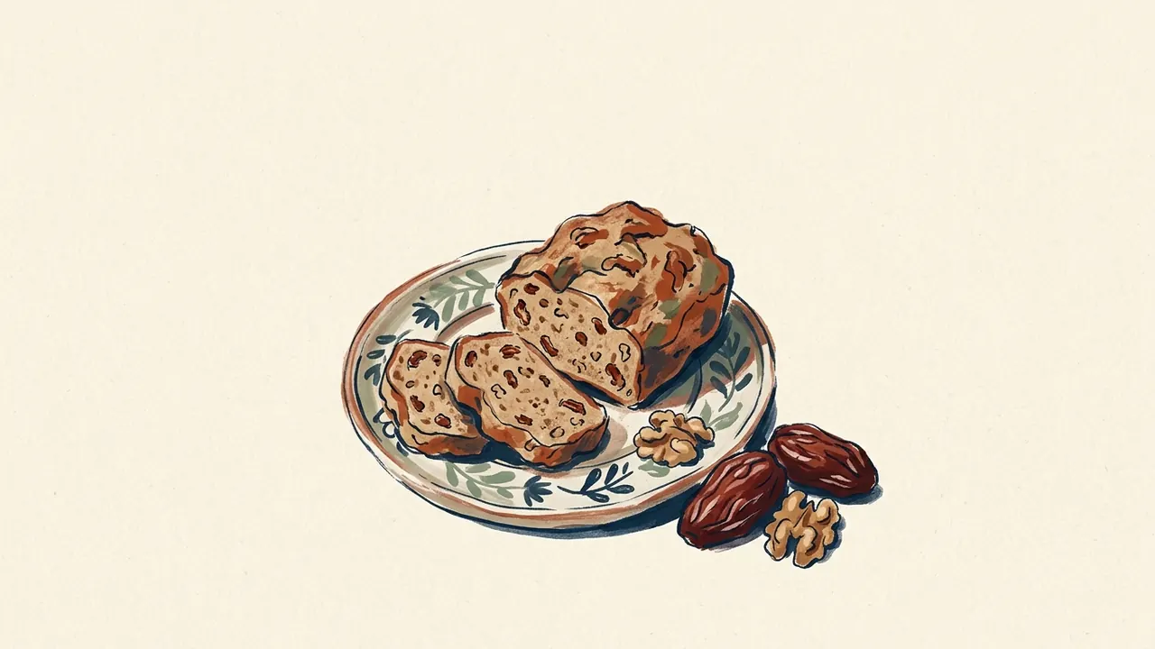 Pan de dátiles y nueces con dos rebanadas sobre un plato de cerámica.