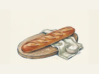 Una baguette entera sobre una tabla, junto a un paño y un cuenco de harina.