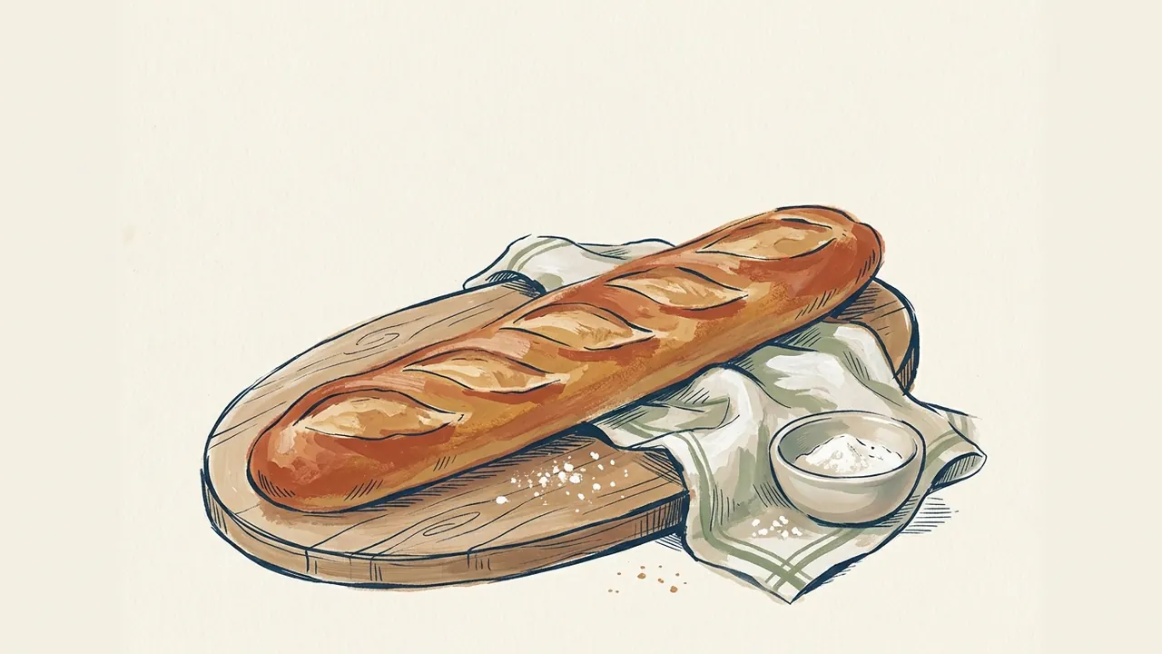 Una baguette entera sobre una tabla, junto a un paño y un cuenco de harina.