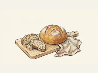 Una hogaza de pan con tres rebanadas sobre una tabla de madera.