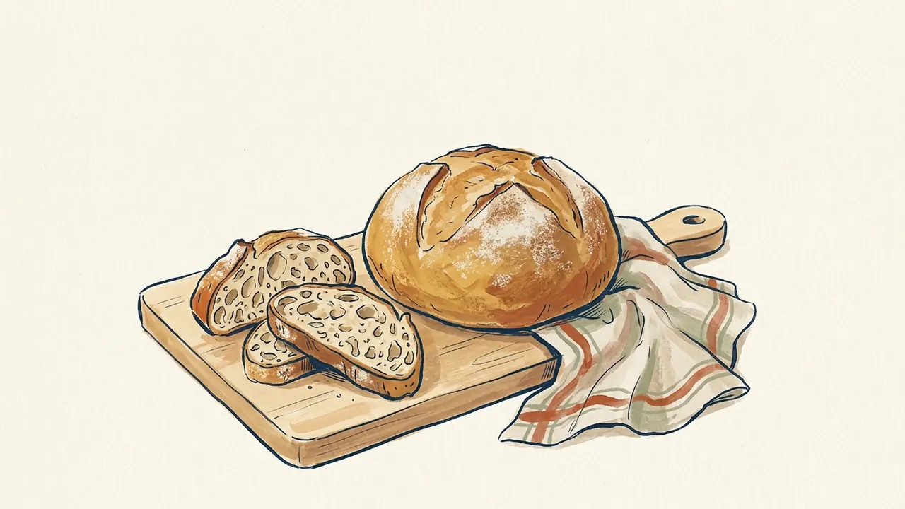Una hogaza de pan con tres rebanadas sobre una tabla de madera.