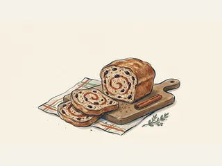 Pan de pasas con espiral de canela y dos rebanadas sobre una tabla.