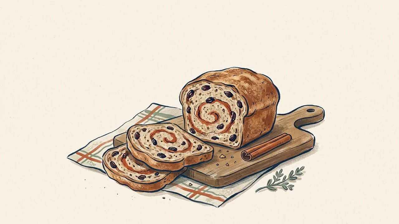 Pan de pasas con espiral de canela y dos rebanadas sobre una tabla.
