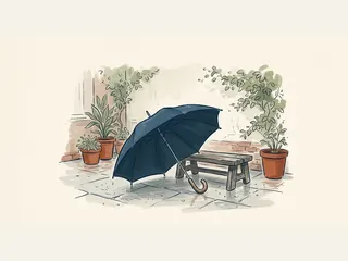 Paraguas azul abierto apoyado junto a un banco de madera en un patio.