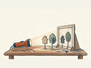 Una linterna ilumina una casa y un árbol de cartón en un pequeño teatro de sombras.