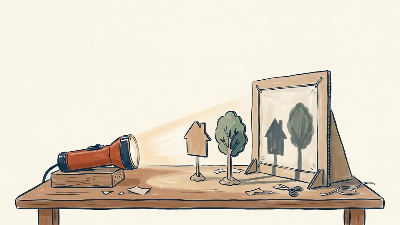 Una linterna ilumina una casa y un árbol de cartón en un pequeño teatro de sombras.