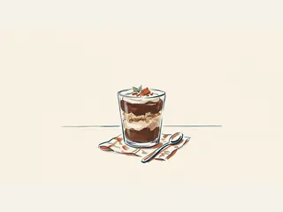 Parfait de chocolate en capas dentro de un vaso acompañado de una cuchara.
