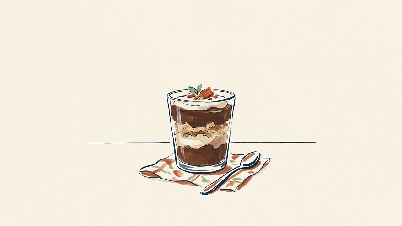 Parfait de chocolate en capas dentro de un vaso acompañado de una cuchara.