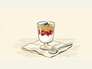 Copa de yogur, fruta y granola con tres arándanos y una cuchara.