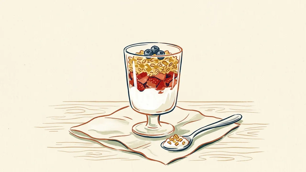 Copa de yogur, fruta y granola con tres arándanos y una cuchara.