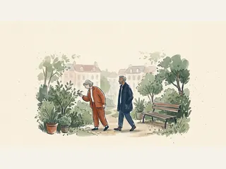 Dos personas adultas pasean por un jardín y una se detiene a observar las hojas junto al camino.