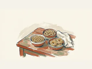 Tres cuencos con pasta seca en espirales, tubos y nidos sobre una mesa de cocina.