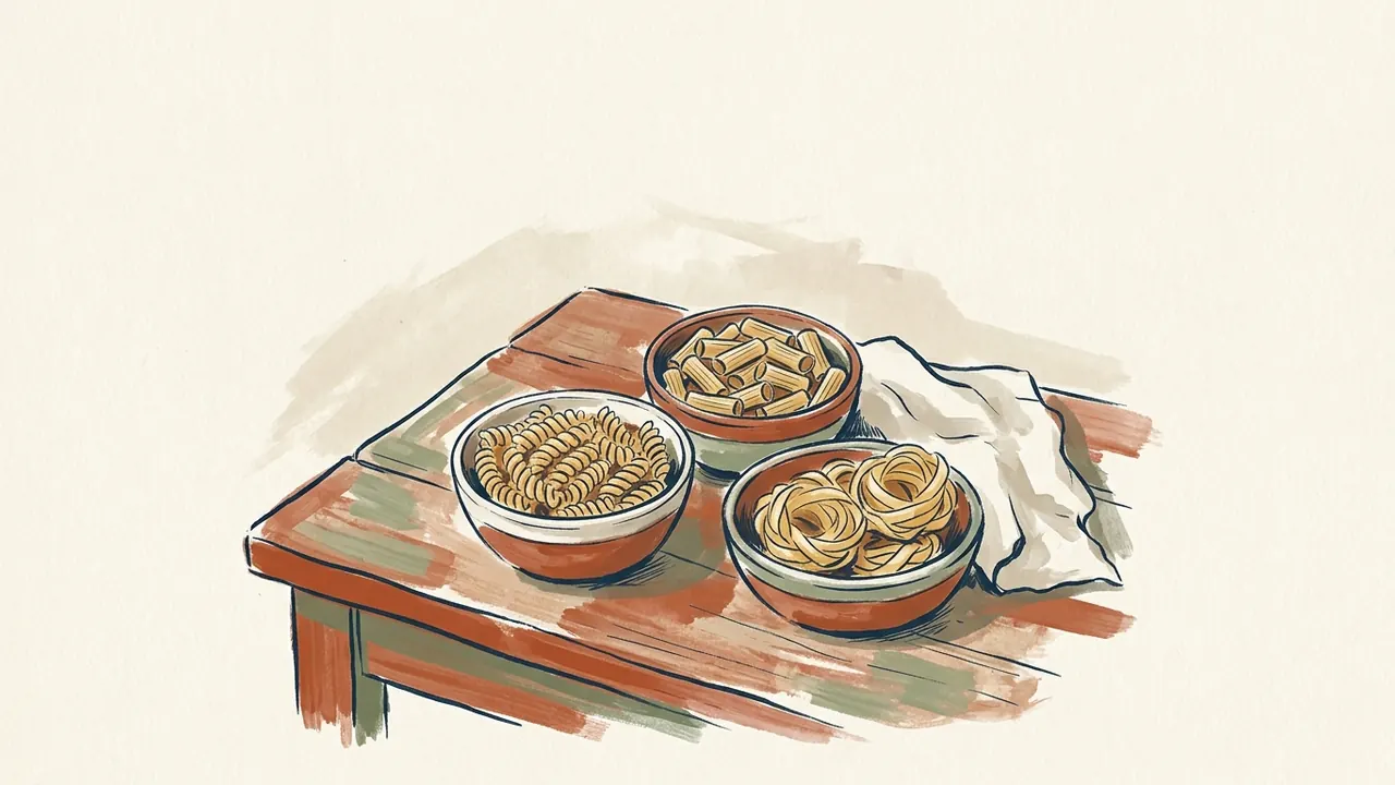 Tres cuencos con pasta seca en espirales, tubos y nidos sobre una mesa de cocina.