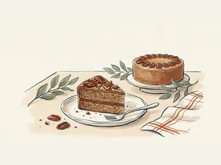 Porción de pastel de pecanas con el pastel redondo al fondo.