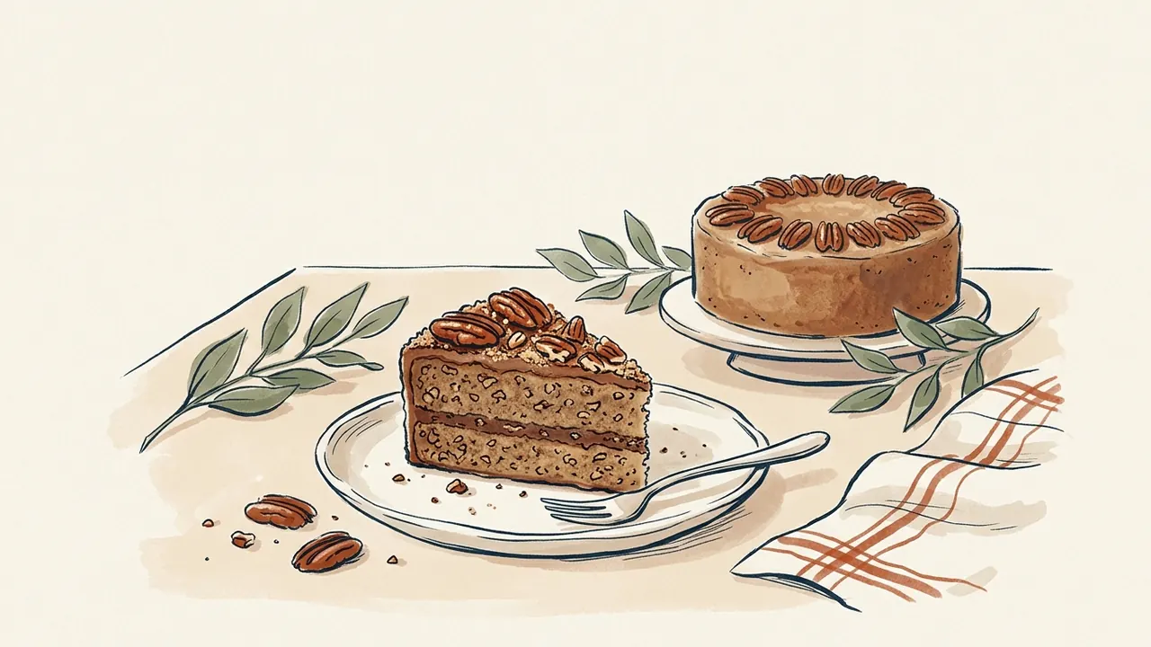 Porción de pastel de pecanas con el pastel redondo al fondo.