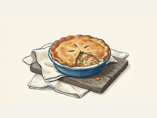 Ilustración de un pot pie de pollo y verduras en una fuente azul, con una abertura en la cubierta de masa.