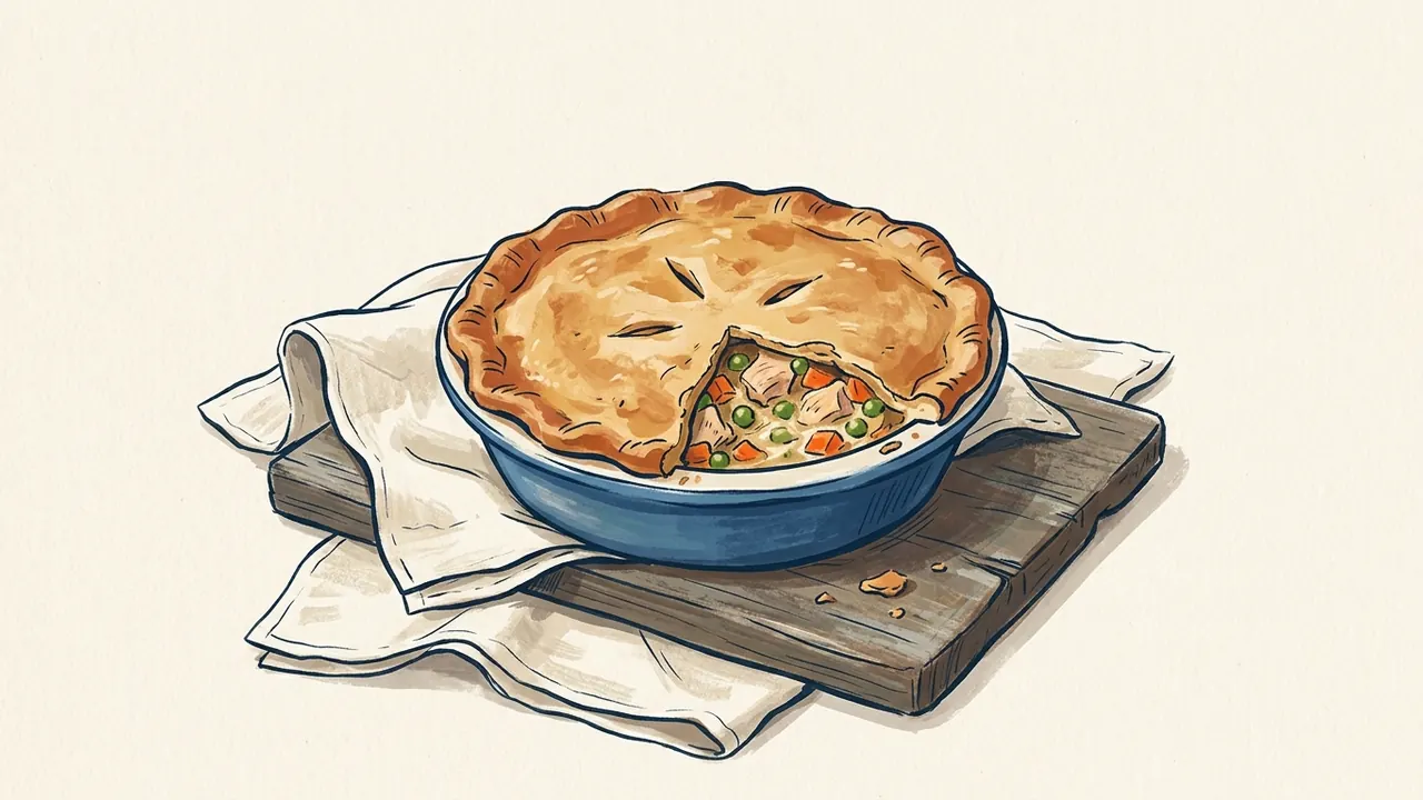 Ilustración de un pot pie de pollo y verduras en una fuente azul, con una abertura en la cubierta de masa.